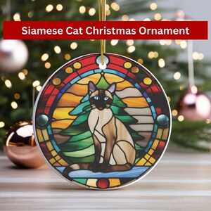 Siamese Cat Christmas Ornament Ceramic w Stained Glass Design Print Asian Cat Ornament for Cat Lover Owner Gift First Christmas Cat Mom Dad
