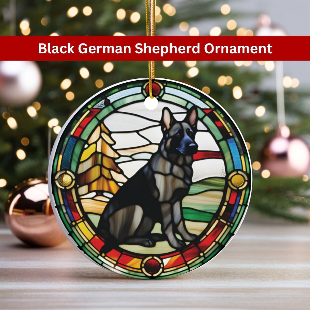 Black German Shepherd Christmas Ornament Ceramic W Stained Glass Design ...