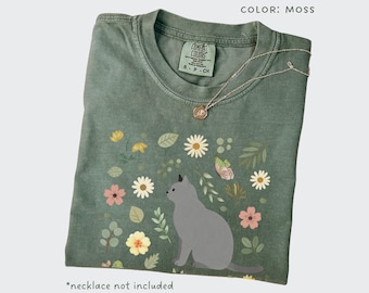 Grey Cat Shirt Floral Design Gifts Boho Cat Shirt Cat Lover Plus Size Women Comfort Colors TShirt With Gray Cat and Flowers for Cat Mom GIft