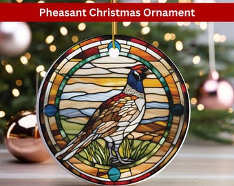 Pheasant Christmas Ornament Ceramic w Stained Glass Design Print Ring-Necked Pheasant Hunter Christmas Ornament for Hunter Pheasant Gifts
