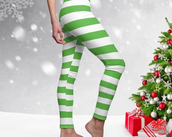 Green and White Striped Christmas Leggings Elf Leggings Women - Main Image
