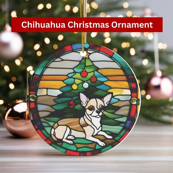 Chihuahua Christmas Ornament Ceramic w Stained Glass Design Print Mexican Dog Christmas Ornament Toy Dog Lover Dog Owner Dog Mom Dad Gift