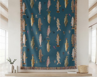 Fishing Woven Blanket Fishing Gifts Cabin Decor Fly Fisherman Gift Woven Cotton Blanket Wall Tapestry Lake House Throw Blanket Retiree Gifts