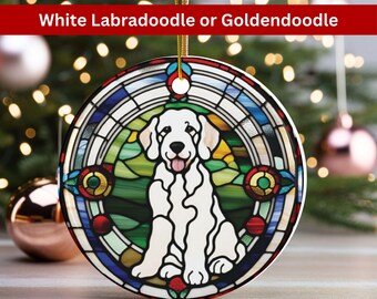 May include: White Labradoodle or Goldendoodle Christmas ornament with a stained glass design. The dog is sitting in a colorful stained glass circle with green, red, blue, and yellow accents.