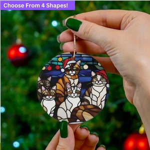 Cats Christmas Ornament Ceramic w Stained Glass Design Print Ornament for Cat Lover Cat Toys Cat Owner Gift Cat Lovers Gift Cat Lady Gift
