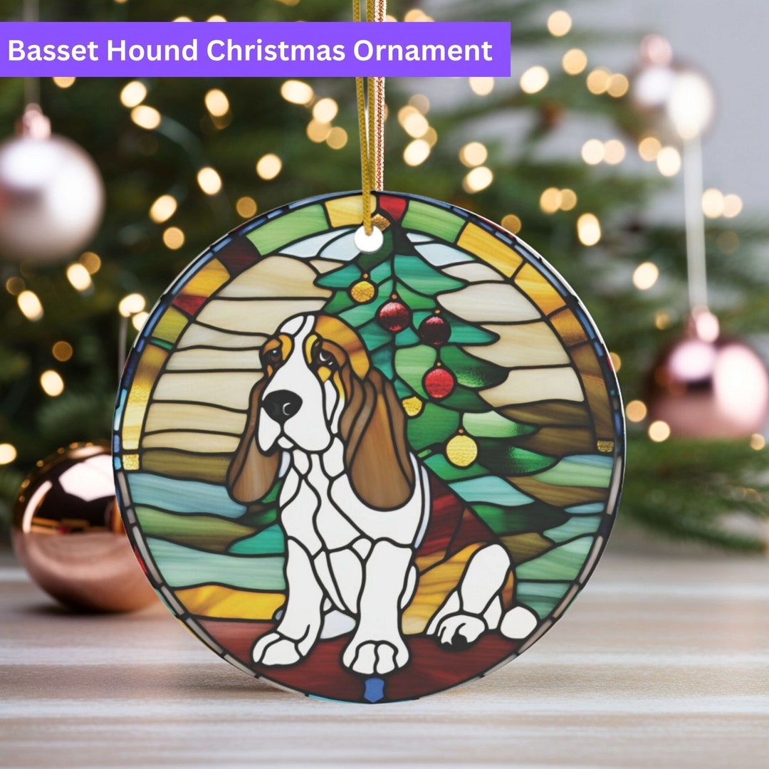 Basset Hound Christmas Ornament Ceramic W Stained Glass Design Hound
