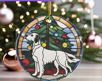 English Setter Christmas Ornament Ceramic w Stained Glass Design Print Pointing Dog Setter First Christmas Ornament Dog Lover Owner Dad Gift