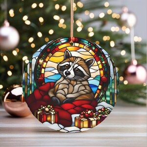 Raccoon Christmas Ornament Ceramic w Faux Stained Glass Cute Raccoon Ornament Funny Trash Panda Stocking Stuffer Gag Gift Raccoon Lover