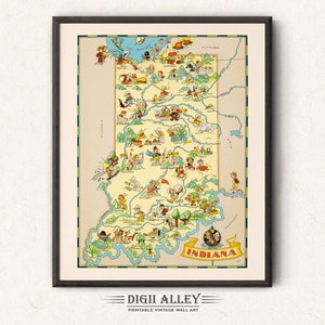 Carte amusante de l'État de l'Indiana - téléchargement numérique, vintage, imprimable, image ancienne, illustration, aventure, art mural, décoration, dessin animé, cadeau