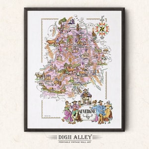 Fun Map of Auvergne a French Province, France – Digital Download PRINTABLE Vintage Pictorial Illustration Adventure Wall Art Décor