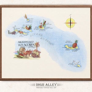 May include: A framed vintage map print of the Azores archipelago, with a watercolour illustration. The map shows the islands, ocean, and a compass rose. The print has a light background and is framed in a brown wooden frame.