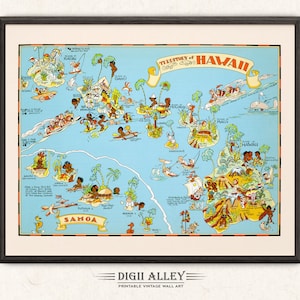Carte de l'État d'Hawaï amusante - téléchargement numérique, vintage, imprimable, image ancienne, illustration, aventure, art mural, décoration, dessin animé, cadeau