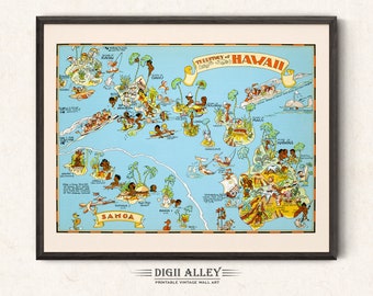 Fun State Map of Hawaii – Digital Download PRINTABLE Vintage Pictorial Old Illustration 1930’s by Ruth Taylor Wall Art Décor Cartoon Gift