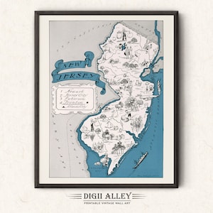 Picturale kaart van New Jersey – digitale download AFDRUKBARE vintage leuke oude muurkunst decor grillige cartoon afbeelding cadeau