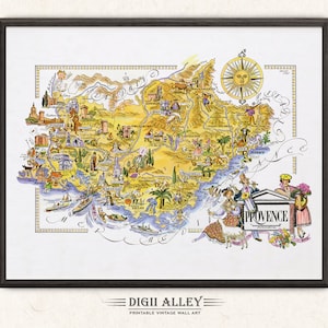 Lustige Karte der Provence, eine französische Provinz, Frankreich - digitaler Download DRUCKBARE Vintage bildliche Illustration Abenteuer Wand Kunst Dekor