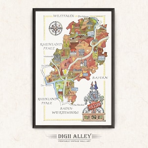 Lustige Landkarte von Hessen in Deutschland, Deutschland, DE – Digital Download DRUCKBARE Vintage Wand Kunst Dekor Bunte Illustration Abenteuer