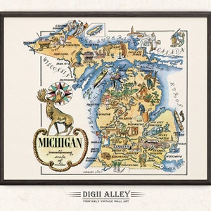 Carte amusante de l'État du Michigan - Décoration murale picturale vintage imprimable imprimable en téléchargement numérique Illustration de dessin animé lunatique
