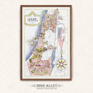 Oude kaart van Israël in het Midden-Oosten – digitale download AFDRUKBARE vintage picturale cartoon print illustratie muurkunst Heilige Land