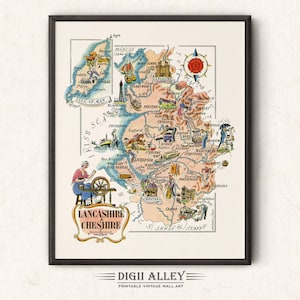 Fun Map of Lancashire & Cheshire in Great Britain, England – Digital Download PRINTABLE Vintage Wall Art Décor Illustration Adventure