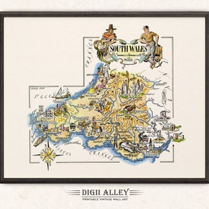 Fun Map of South Wales in Great Britain, England, UK – Digital Download PRINTABLE Vintage Wall Art Décor Illustration Adventure Gift