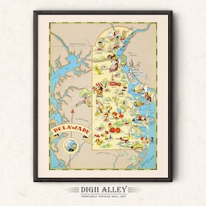 Fun State Map of Delaware – Digital Download PRINTABLE Vintage Pictorial Old Illustration Adventure Wall Art Décor Cartoon Gift
