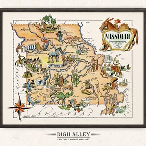 Fun State Map of Missouri – Digital Download PRINTABLE Vintage Pictorial Wall Art Décor Whimsical Cartoon Illustration