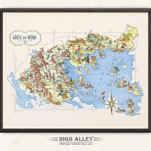 Lustige Karte von Nordgriechenland - digitaler Download DRUCKBARE Vintage Spaß bildliche Illustration Wand Kunst Dekor Reise Abenteuer Karte