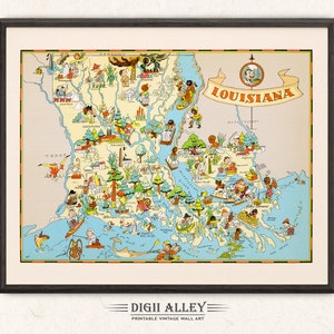 ルイジアナ州の楽しい州地図 - デジタルダウンロード可能 印刷可能なヴィンテージ絵入り古イラストアドベンチャーウォールアートデコレーション漫画ギフト