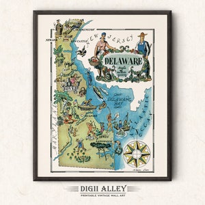 Carte amusante de l'État du Delaware - Décoration murale vintage imprimable imprimable en téléchargement numérique Illustration de dessin animé fantaisiste
