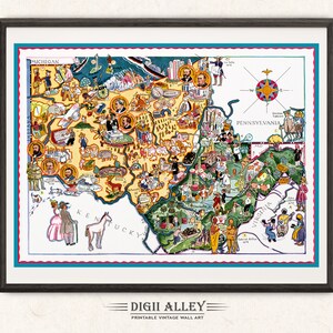 Fun State Map of Ohio & West Virginia – Digital Download PRINTABLE Vintage Pictorial Old Illustration Adventure Wall Art Décor