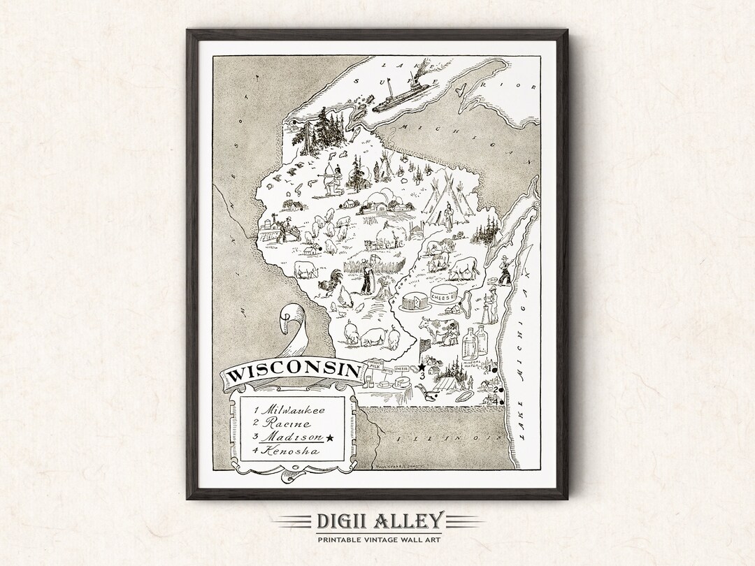Pictorial State Map of Wisconsin – Digital Download PRINTABLE Vintage ...