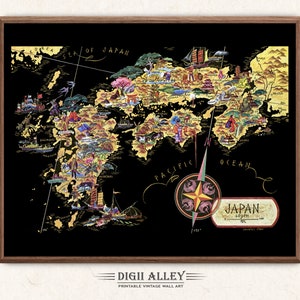 Spaß Karte von Südjapan - Ostasien digitaler Download DRUCKBARE Vintage Karte Kunst wunderliche Illustration Abenteuer japanische Wand-Kunst-Dekor