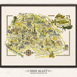 Fun Map of Brussels - Bruxelles Center, Belgium – Digital Download PRINTABLE Vintage Wall Art Décor Whimsical Illustration Adventure
