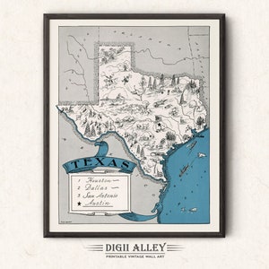 Mapa pictórico de Texas: descarga digital imprimible, divertido arte de pared antiguo vintage, ilustración de dibujos animados caprichosos, regalo.