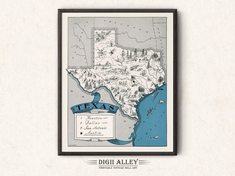 Pictorial Map of Texas Digital Download PRINTABLE Vintage - Etsy