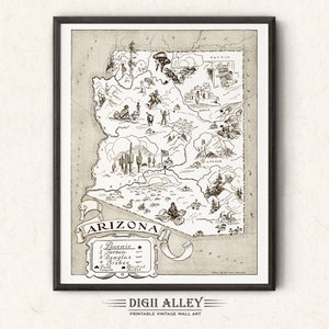 Carte illustrée de l'État de l'Arizona, téléchargement numérique, décoration vintage, art mural ancien amusant, imprimable, illustration de dessin animé lunatique