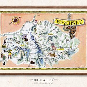 Fun Ski Loipe Karte der Ostschweiz in der Schweiz - digitaler Download DRUCKBARE Vintage bildliche Illustration Schweizer Alpen Ski-Abfahrt