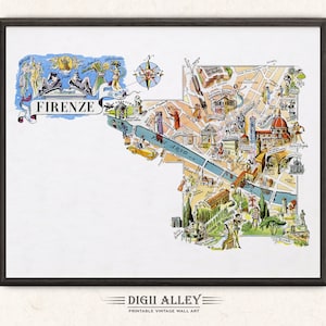Lustige Karte von Italien Florenz - digitaler Download DRUCKBARE Vintage bildliche alte Illustration Italienische Wand-Kunst-Geschenk-Reise-Abenteuer-Karte