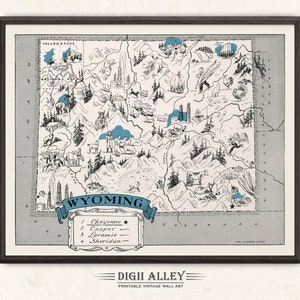 Carte illustrée du Wyoming - Décoration vintage vintage imprimable, amusante et amusante, art mural, Illustration de dessin animé lunatique