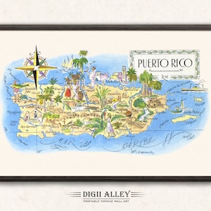 "Lustige Karte von ""Puerto Rico"" in der Karibik - Digital Download DRUCKBARE Vintage Wand Kunst Dekor skurrile Cartoon Illustration Abenteuer."
