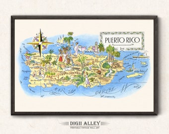 Fun Map of Puerto Rico in the Caribbean – Digital Download PRINTABLE Vintage Wall Art Décor Whimsical Cartoon Illustration 1940’s by Liozu