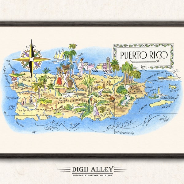 Fun Map of Puerto Rico in the Caribbean – Digital Download PRINTABLE Vintage Wall Art Décor Whimsical Cartoon Illustration 1940’s by Liozu