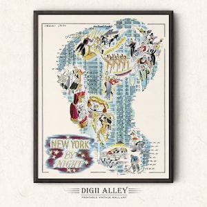 Mapa divertido de Nueva York de noche - Gran Manzana - Descarga digital IMPRIMIBLE Decoración de pared vintage Ilustración de dibujos animados caprichosos Aventura
