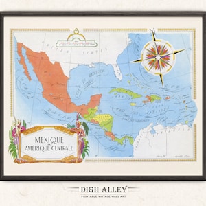 Leuke kaart van Mexico Midden-Amerika – digitale download AFDRUKBARE vintage muurkunst decor grillige cartoon illustratie avontuur cadeau