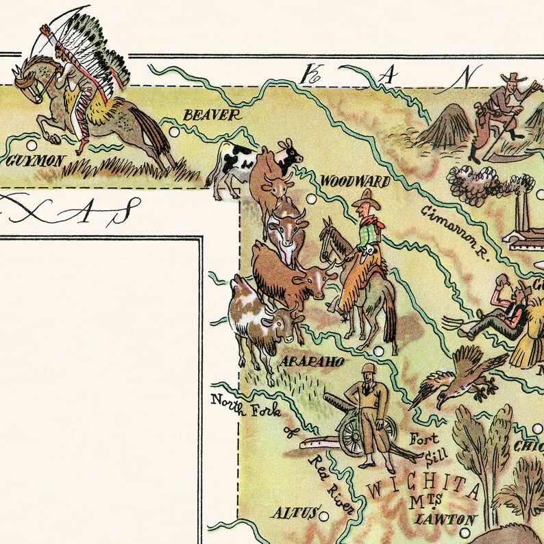 Fun State Map of Oklahoma Digital Download PRINTABLE Vintage Pictorial ...