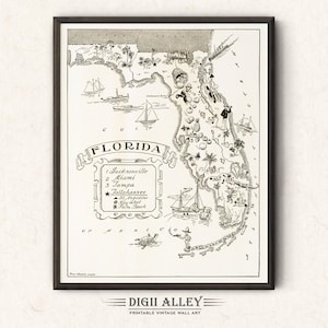 フロリダ州の絵地図 – デジタルダウンロード可能 印刷可能なヴィンテージの楽しい古い壁アート装飾 気まぐれな漫画イラスト