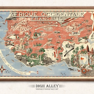 Mapa divertido da África Ocidental Francesa – Download digital IMPRIMÍVEL Mapa pictórico antigo vintage Ilustração Arte de parede africana Decoração Mapa de viagem de aventura
