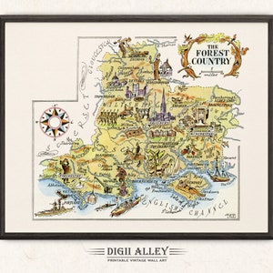 Carte amusante du pays des forêts en Grande-Bretagne, Angleterre, Royaume-Uni - Aventure d'illustration d'art mural vintage imprimable en téléchargement numérique