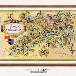 Peut inclure: Une carte vintage encadrée de Bâle et NordSchweiz, avec des illustrations détaillées de la région. La carte est dans un cadre en bois et comprend du texte tel que "Basel" et "Nordschweiz". La carte est imprimée dans un style vintage.