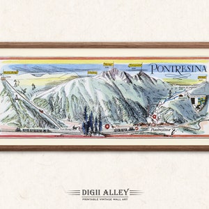 Fun Ski Wanderkarte von Puntaresina in der Schweiz - digitaler Download DRUCKBARE Vintage bildliche Illustration Schweizer Alpen Reisen